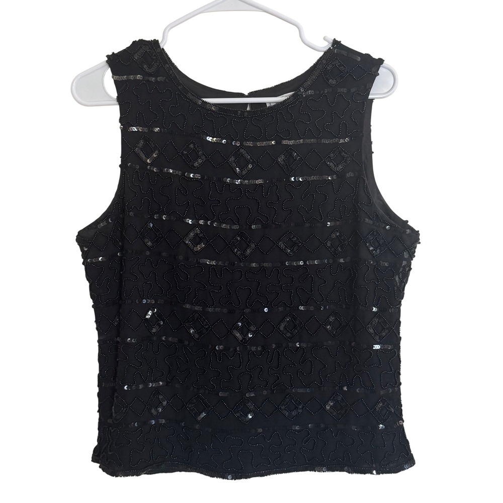 Vintage Jennifer Moore Black Beaded Sequin Sleeveless Top Y2K Glam
